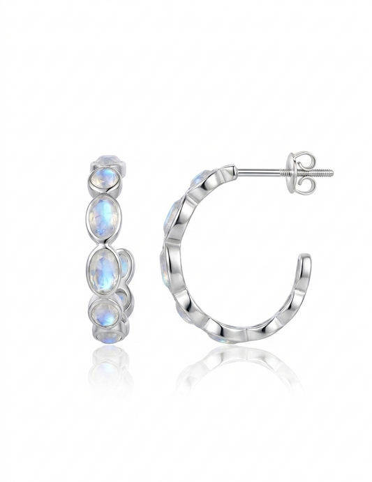 Moonbeam Curve - Rainbow Moonstone Half Hoop Earrings | 925 Silver