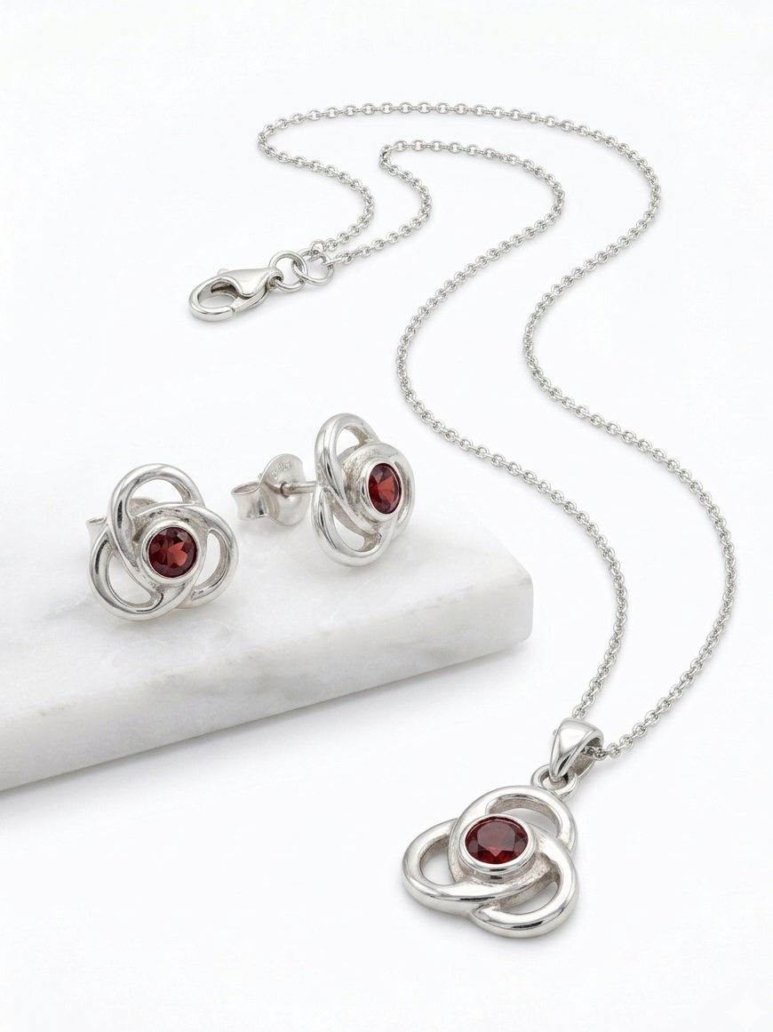 Crimson Trinity - Garnet Necklace with Earrings | 925 Silver