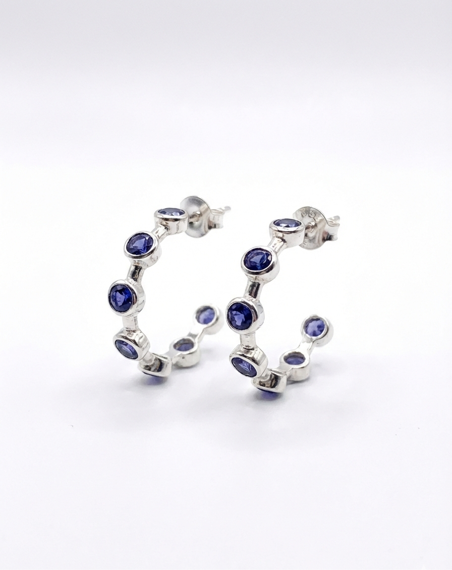Luna Blue - Iolite Half Hoop/ Huggie Earrings | 925 Silver