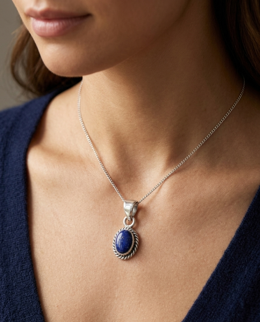 Celestial Lapis — Lapis Lazuli Oval Pendant | 925 Silver – Chandi