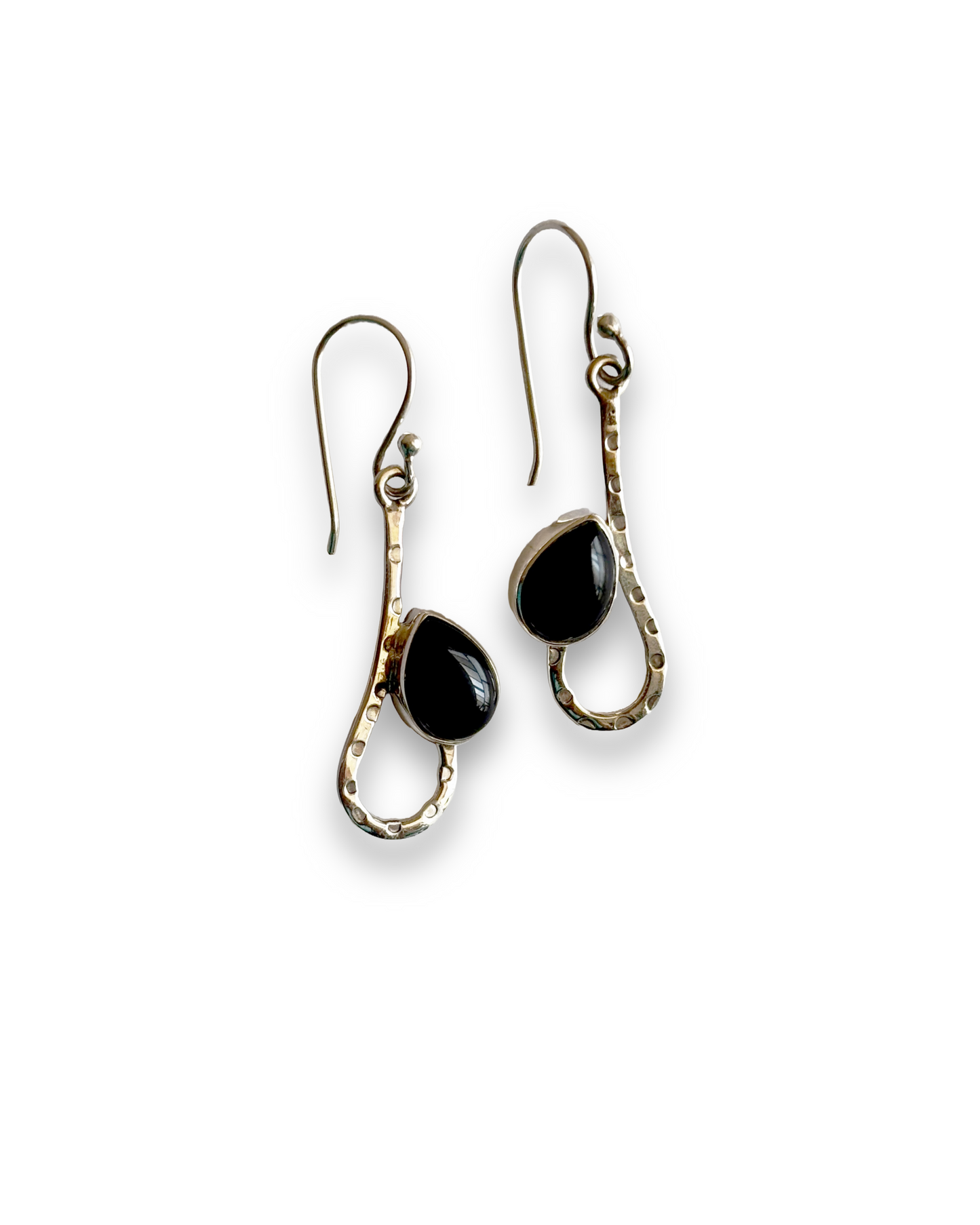 Noir Curve - Black Onyx Teardrop Dangle Earrings in 925 Silver