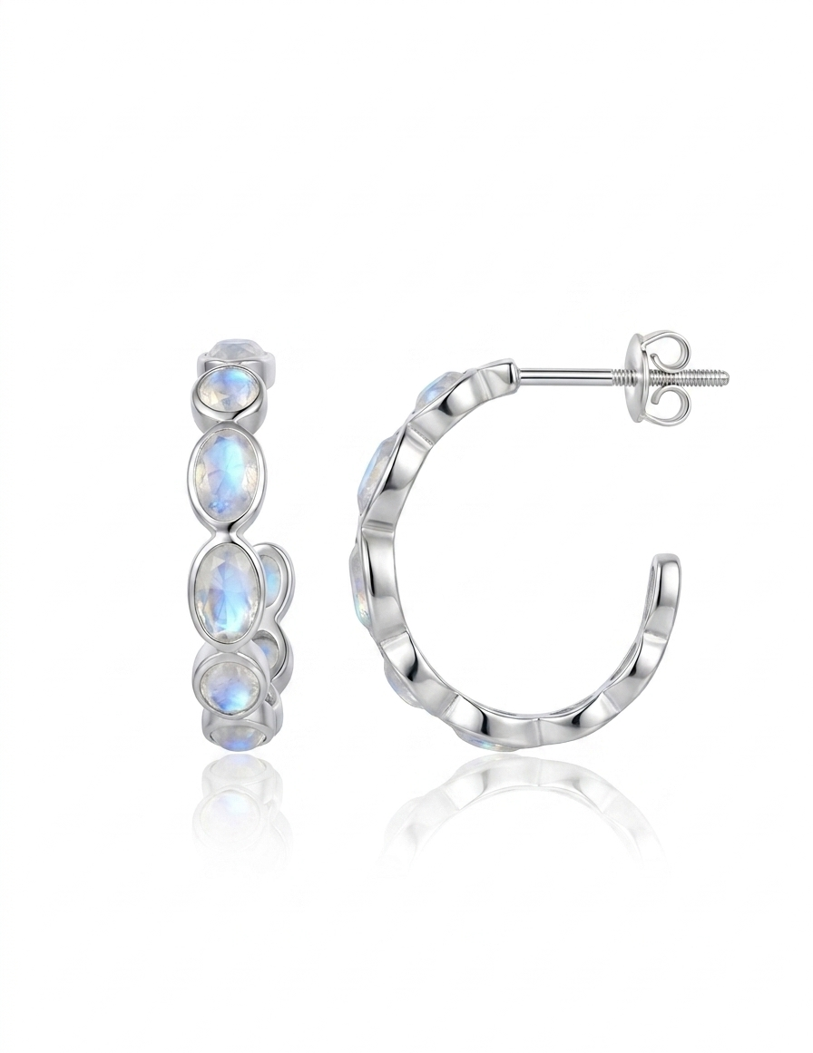 Moonbeam Curve - Rainbow Moonstone Half Hoop Earrings | 925 Silver