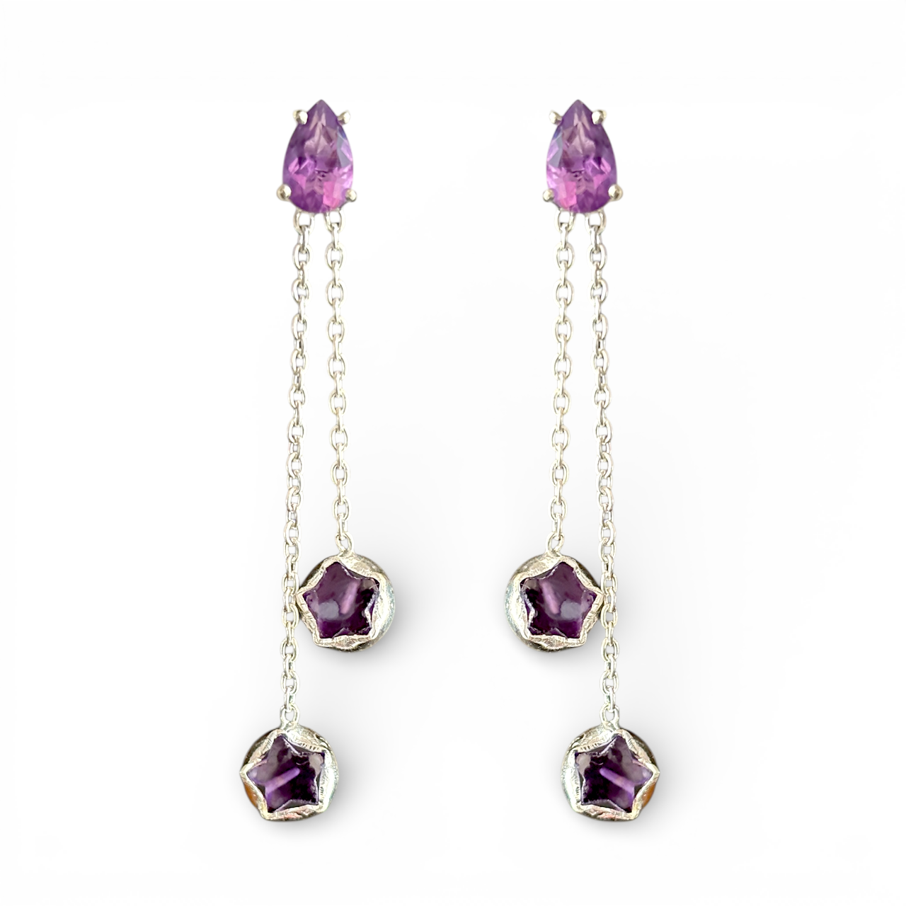 Falling Stars - Amethyst Drop Earrings in 925 Silver