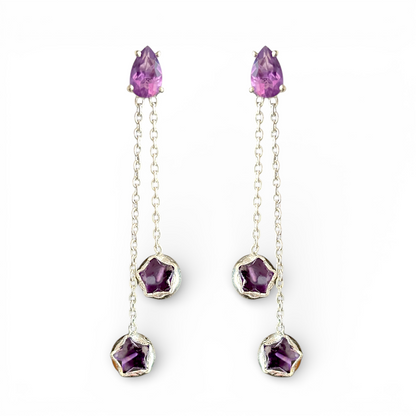 Falling Stars - Amethyst Drop Earrings in 925 Silver
