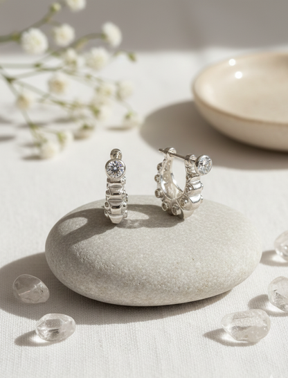 Luna Petal Hoops - CZ Hoop Earrings with Screw | 925 Silver