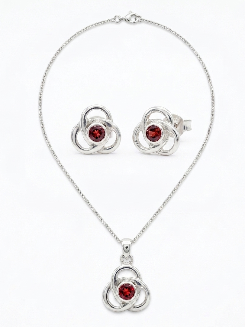 Crimson Trinity  - Garnet Necklace with Earrings | 925 Silver
