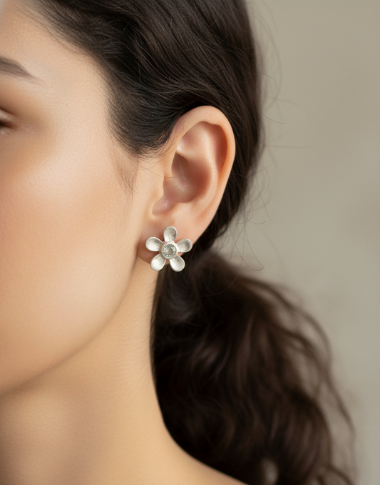 Lunar Bloom - Silver Flower Stud Earrings | 925 Silver
