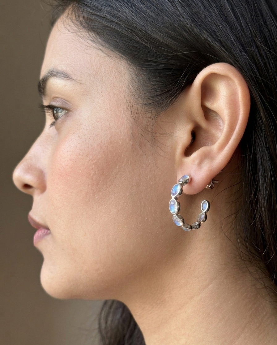 Moonbeam Curve - Rainbow Moonstone Half Hoop Earrings | 925 Silver