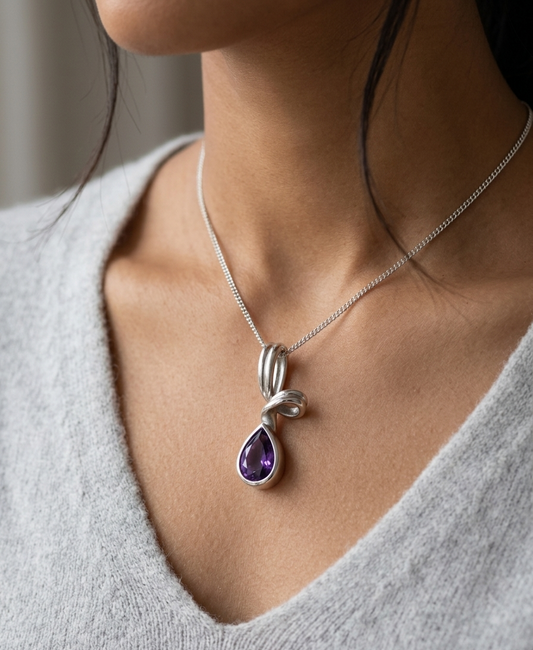 Violet Dewdrop — Amethyst Teardrop Pendant |  925 Silver