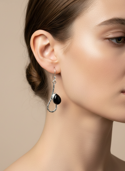 Noir Curve - Black Onyx Teardrop Dangle Earrings in 925 Silver