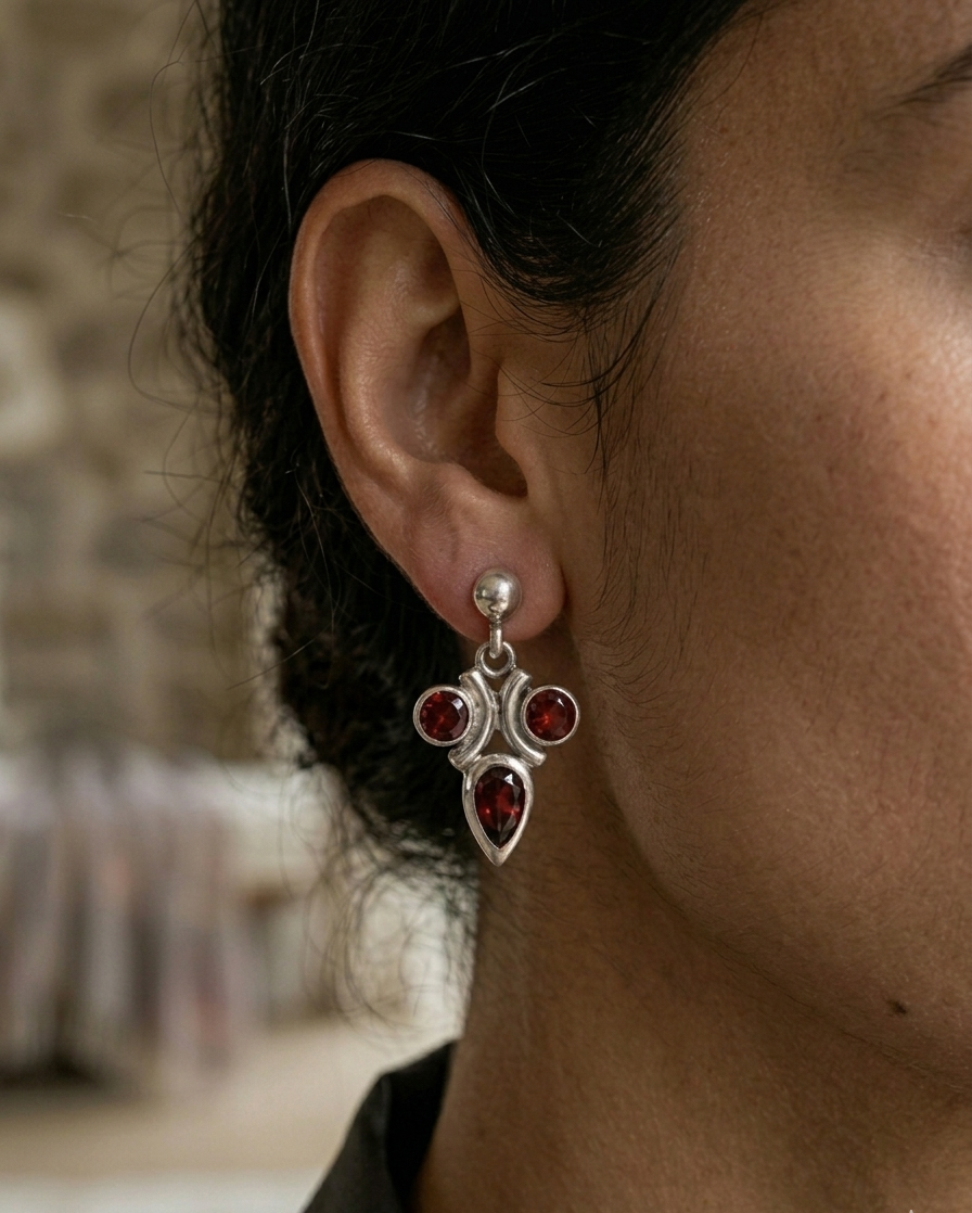 Crimson Muse — Garnet Traditional Earrings in 925 Silver