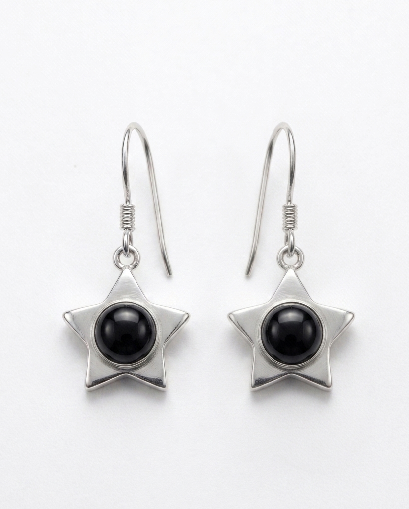 North Star — Black Onyx Star Drop Earrings | 925 Silver