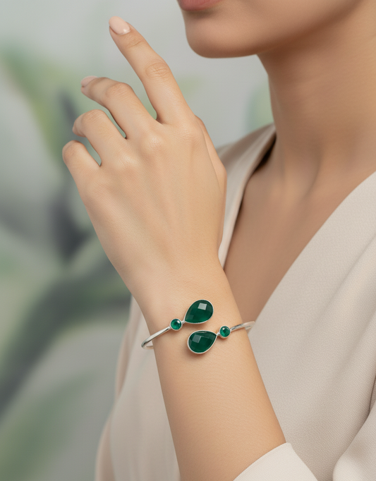 Dew & Dawn - Two Stone Green Onyx Bangle |925 Silver