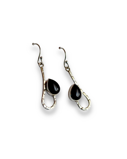 Noir Curve - Black Onyx Teardrop Dangle Earrings in 925 Silver