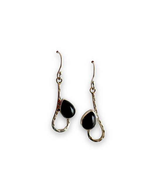 Noir Curve - Black Onyx Teardrop Dangle Earrings in 925 Silver